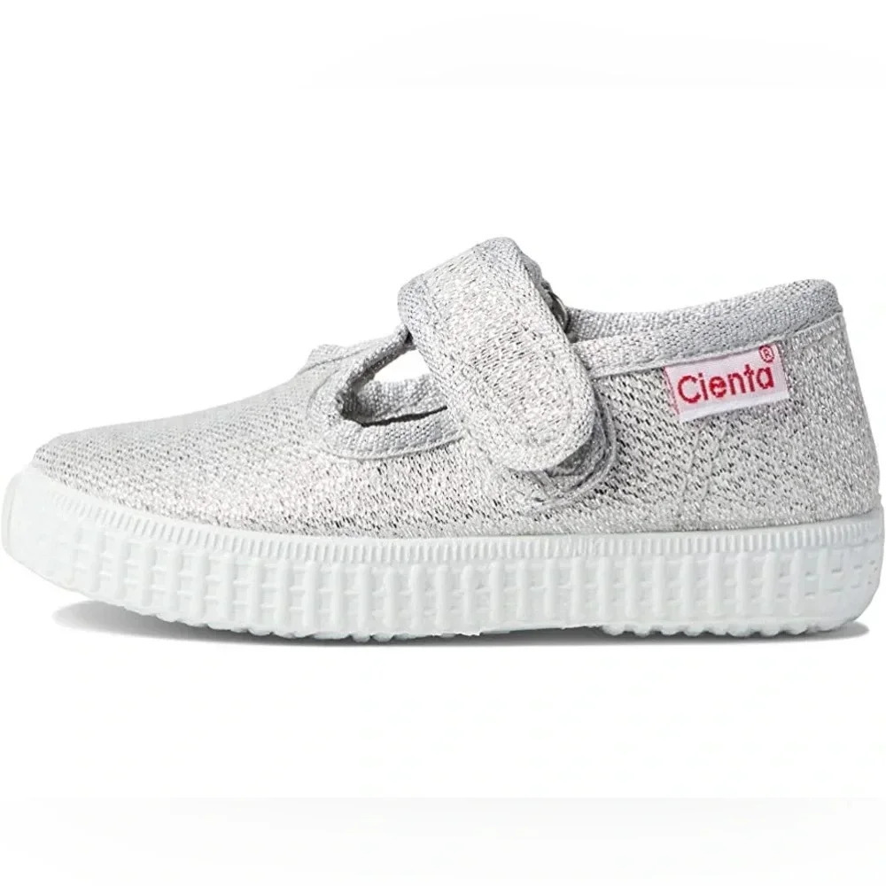 NWT Cienta Silver Sparkle Velcro T-Strap Shoes